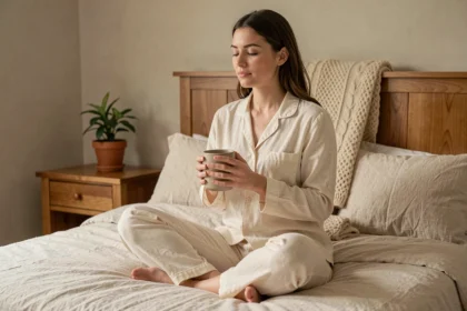 Femme en pyjama tenant une tasse de tisane sur un lit douillet dans le cadre d'une routine du soir apaisante