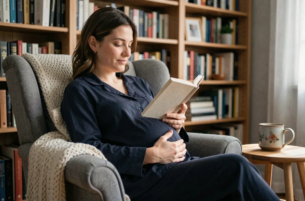 Femme enceinte en pyjama lisant un livre dans un fauteuil confortable avant de dormir, représentant une routine de sommeil saine durant la grossesse