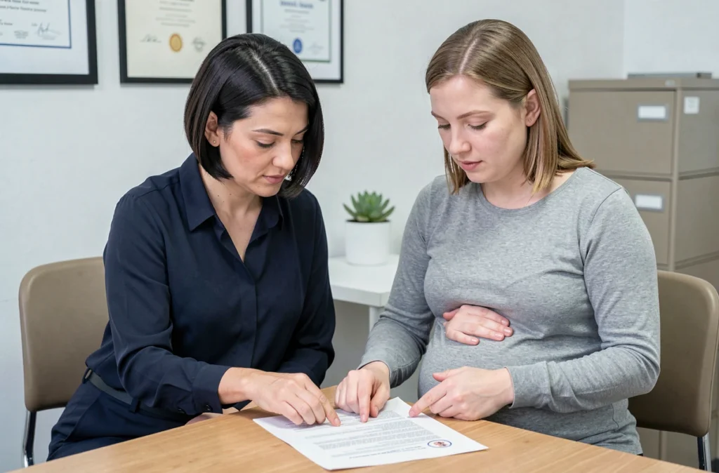 Sage-femme et femme enceinte en train de discuter et planifier le projet de naissance ensemble dans un cabinet de consultation prénatal