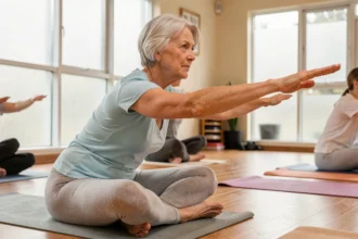 Femme senior pratiquant des exercices d'étirement adaptés dans un centre communautaire pour préserver sa mobilité