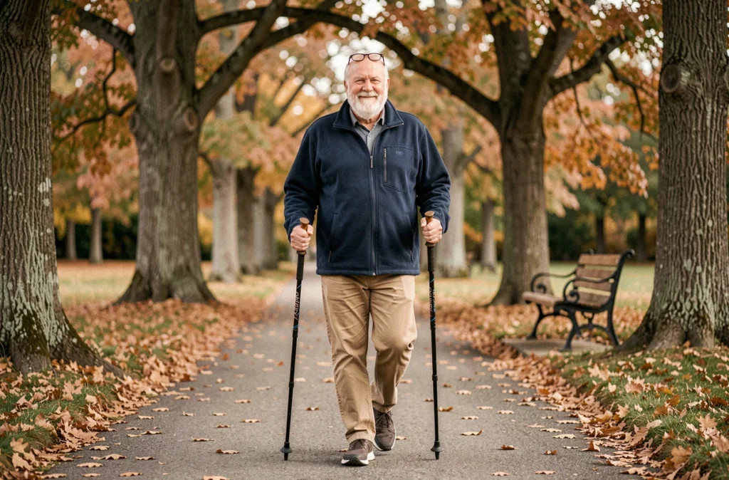 Senior homme pratiquant la marche nordique en parc automnal pour maintenir sa mobilité et son équilibre