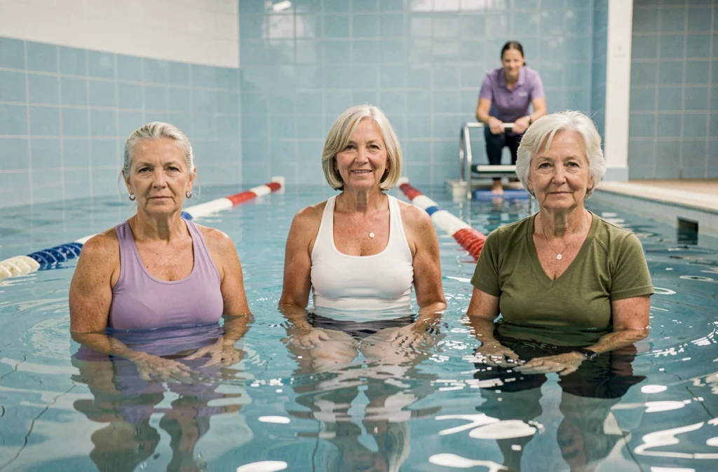 Groupe de femmes seniors participant à un cours d'aquagym adapté pour améliorer leur mobilité articulaire