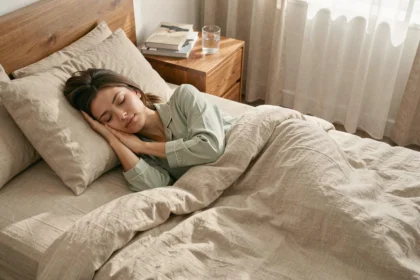 Femme dormant paisiblement dans une chambre minimaliste moderne, illustrant l'importance du sommeil réparateur pour le processus d'amincissement