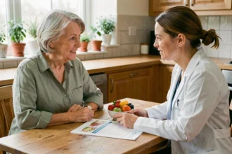 Une femme âgée de 72 ans discute de son suivi nutritionnel personnalisé avec une diététicienne dans une cuisine chaleureuse, entourées d'un plan alimentaire et de fruits frais