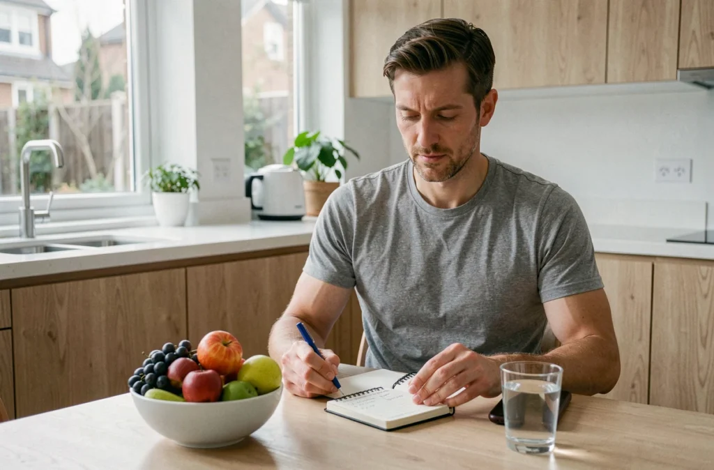 Homme consultant un journal de suivi du sommeil le matin avec des aliments sains, associant un bon rythme de sommeil et une alimentation équilibrée pour maigrir