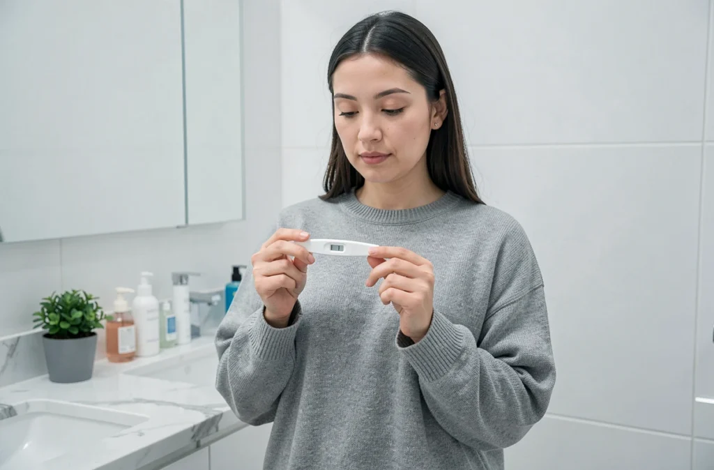 Femme tenant un test de grossesse dans une salle de bain moderne, regard concentré sur le résultat, ambiance intimiste et réaliste