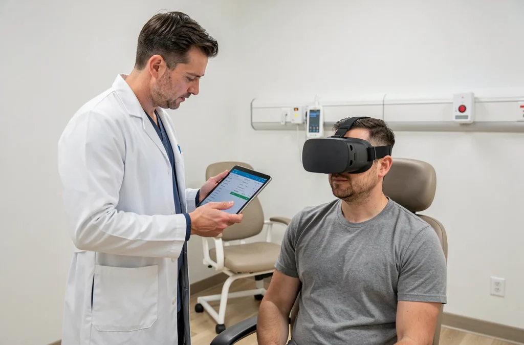 Thérapeute accompagnant un patient en séance de rééducation avec un casque de réalité virtuelle en milieu hospitalier