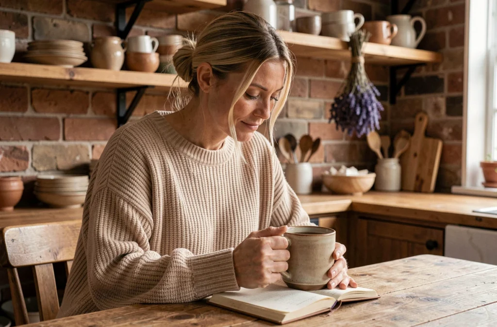 Femme buvant une tisane et écrivant dans un journal pour réduire le stress et éviter la prise de poids