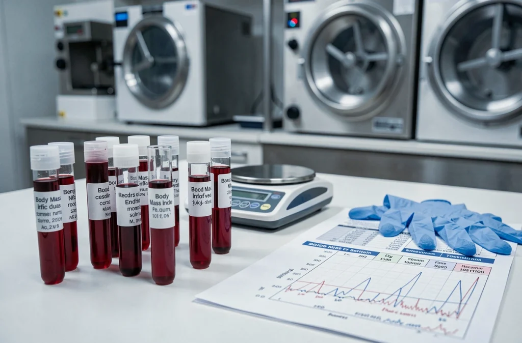 Tubes d'échantillons sanguins sur paillasse de laboratoire avec données sur le volume sanguin corporel
