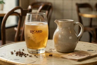 Verre de Ricard pastis trouble posé sur une table de bistrot français avec une carafe d'eau, illustrant la consommation d'alcool anisé