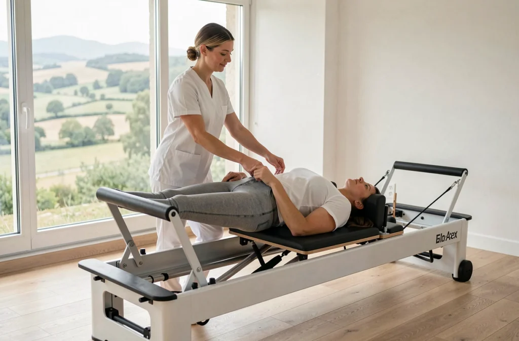 Kinésithérapeute oncologique guidant une patiente sur un reformer Pilates à Saint-Ismier