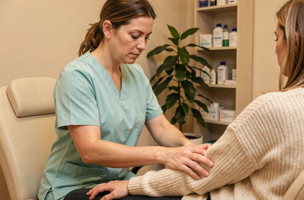 Kinésithérapeute réalisant un drainage lymphatique pour accompagnement cancer du sein à Grenoble