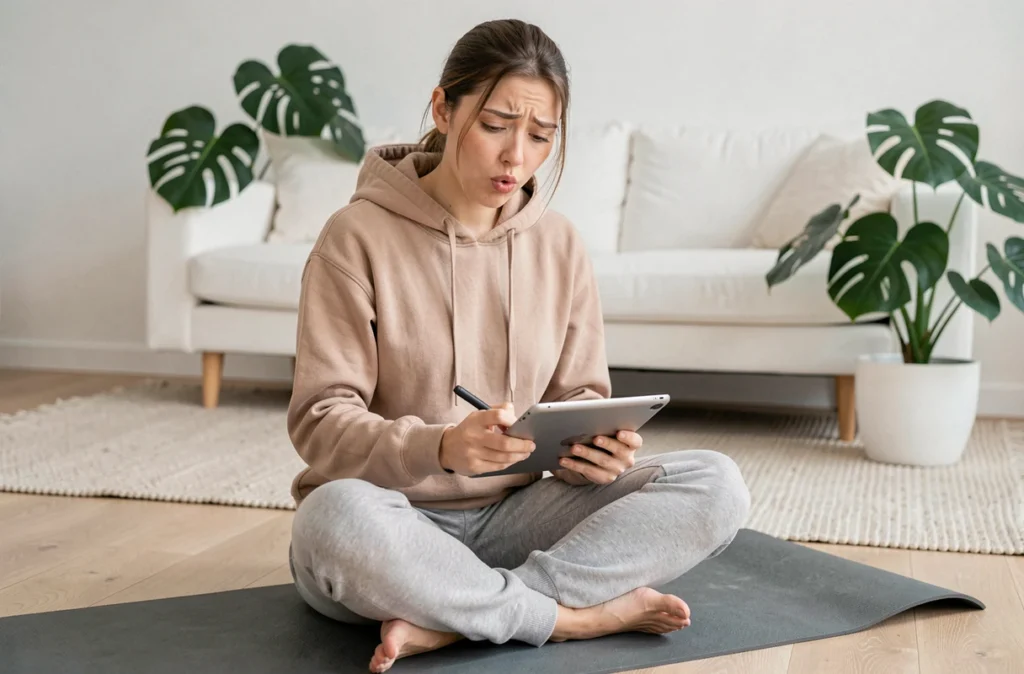 Jeune femme confuse apprenant une langue via une application sur tablette dans un appartement minimaliste