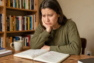 Femme frustrée apprenant une langue complexe avec des notes raturées sur un bureau en bois