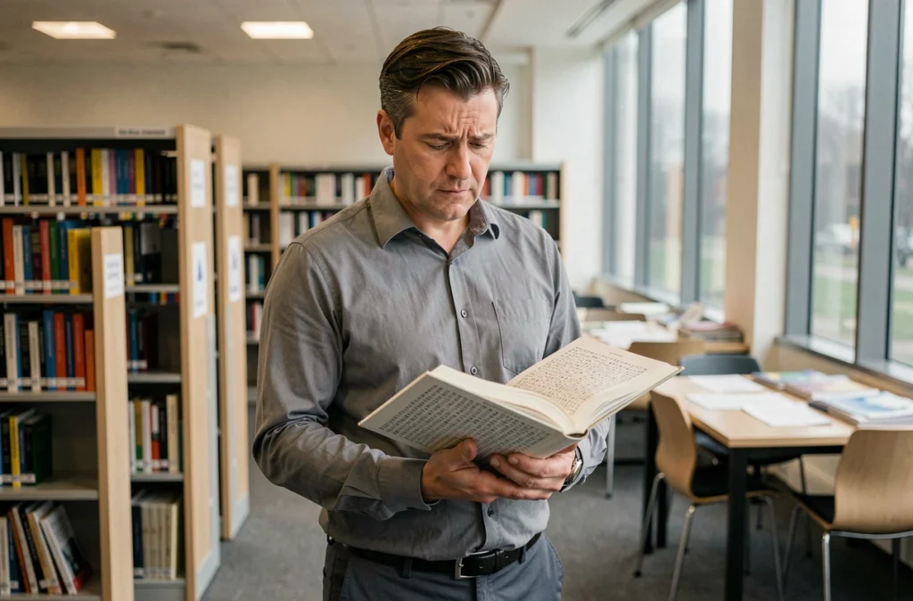 Homme perplexe feuilletant un manuel de langue difficile dans une bibliothèque moderne