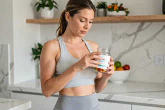 Femme lisant l'étiquette d'un flacon de gummies minceur dans une cuisine moderne, comparant les compléments alimentaires