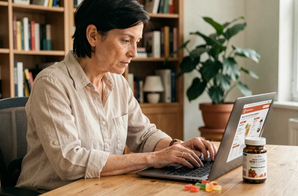 Femme en train de comparer des gummies minceur sur internet depuis son bureau à domicile