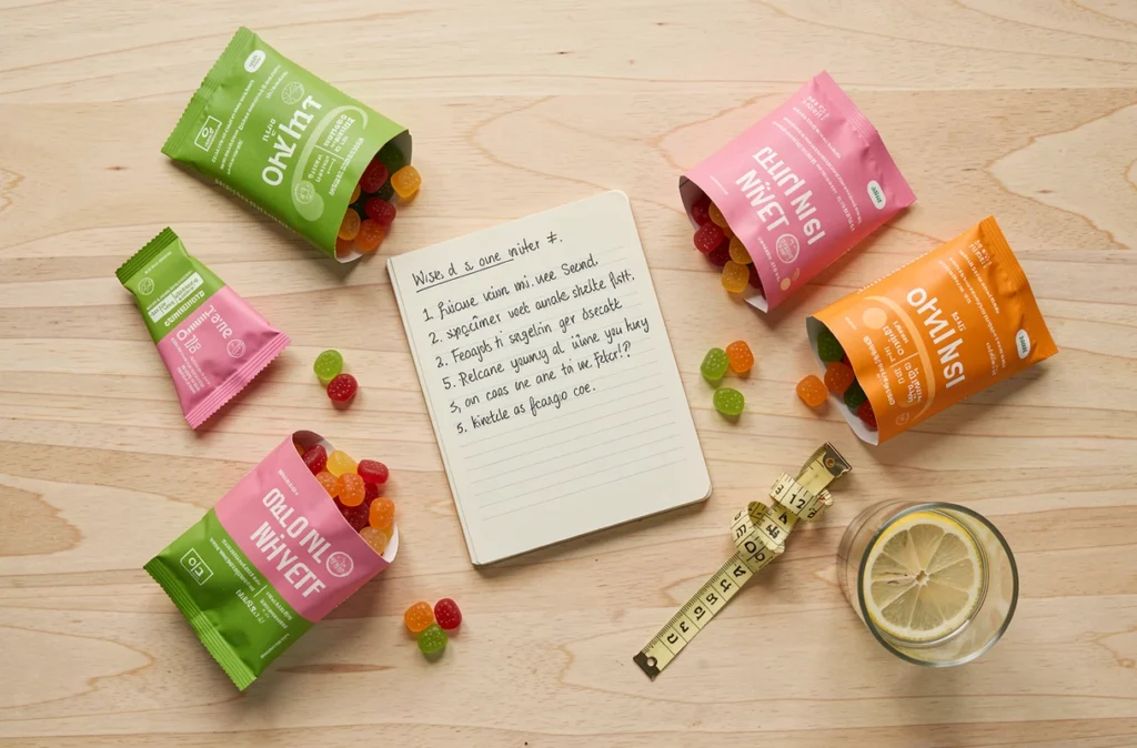 Flat lay de gummies minceur variés avec carnet de comparaison et ruban de mesure sur bois naturel