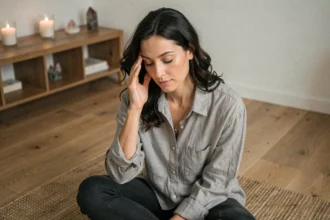 Femme en méditation tenant sa tempe gauche dans une pièce zen en bois, illustrant un mal de tête côté gauche et sa signification spirituelle