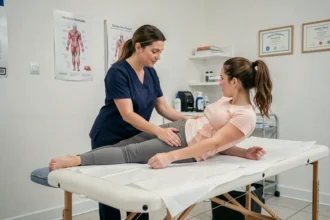 Kinésithérapeute accompagnant une patiente dans un cabinet de rééducation moderne en Isère