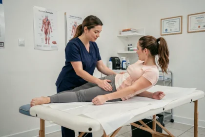 Kinésithérapeute accompagnant une patiente dans un cabinet de rééducation moderne en Isère