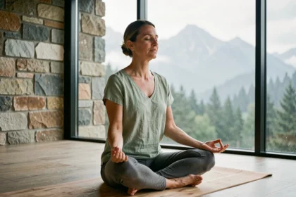 Femme pratiquant la méditation dans un studio de yoga en Auvergne avec vue sur les montagnes volcaniques