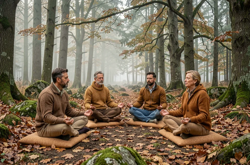 Groupe d'adultes en séance de méditation en plein air dans une forêt de la région Auvergne-Rhône-Alpes en automne